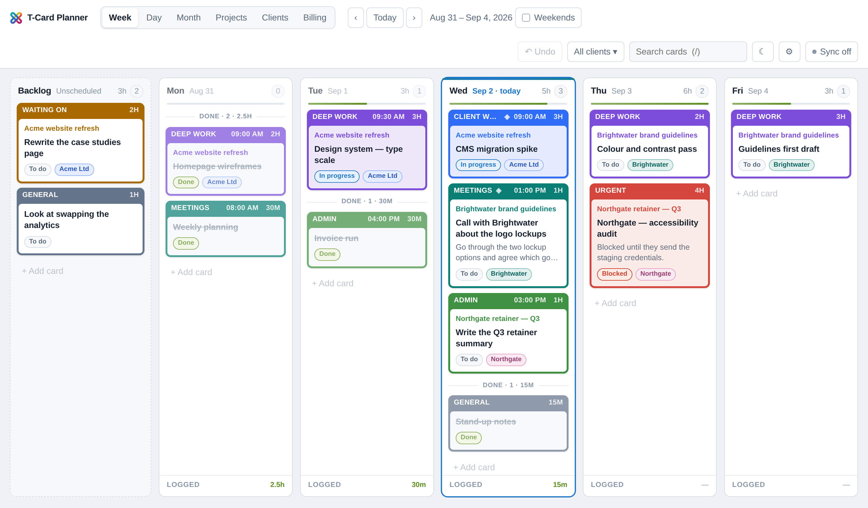 T-Card Planner weekly board with colour-coded cards organised into a backlog and daily columns
